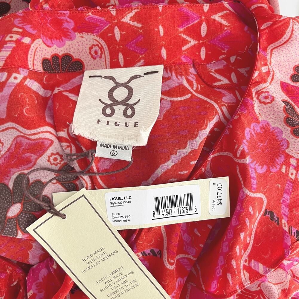 NWT Figue Mosaic Batik Ruffle Trim Arabella Wrap Dress Red Size S/M - Picture 7 of 8